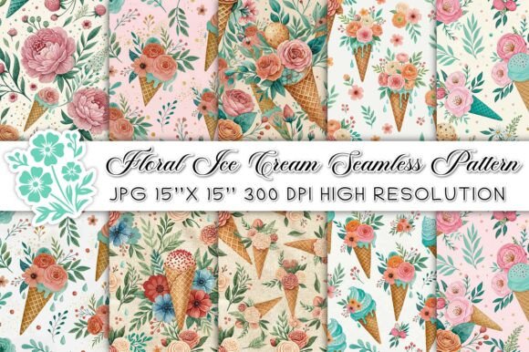 Ice Cream Floral Seamless Backgrounds: Sweet & Versatile Design Assets