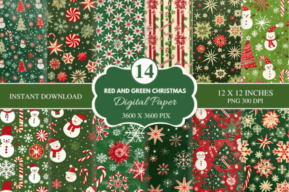 Red and Green Christmas Digital Paper for Holiday Projects
