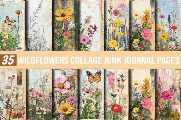 Wildflowers Collage Junk Journal Pages: Floral Design for Modern Projects